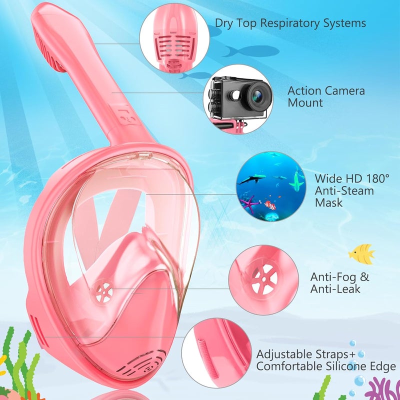 Ezire Kids Snorkel Mask Full Face, Snorkeling Gear for Kids 2-14 with Camera Mount, 180 Degree Panoramic View Snorkeling Set Anti-Fog Anti-Leak - Image 2